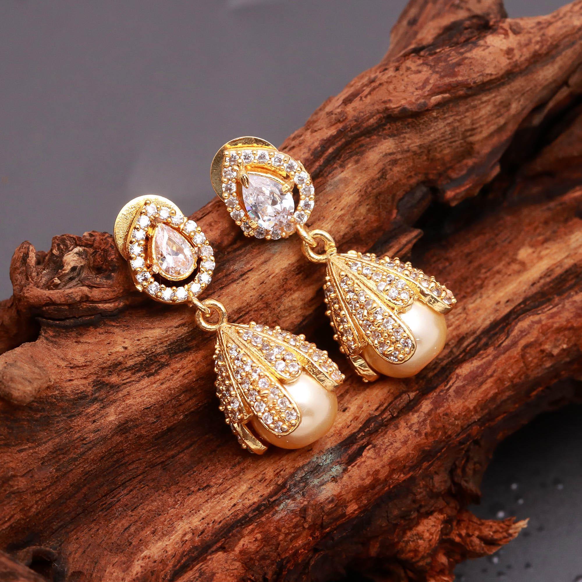 Gold Finish Floral Cap Pearl Drop Earrings