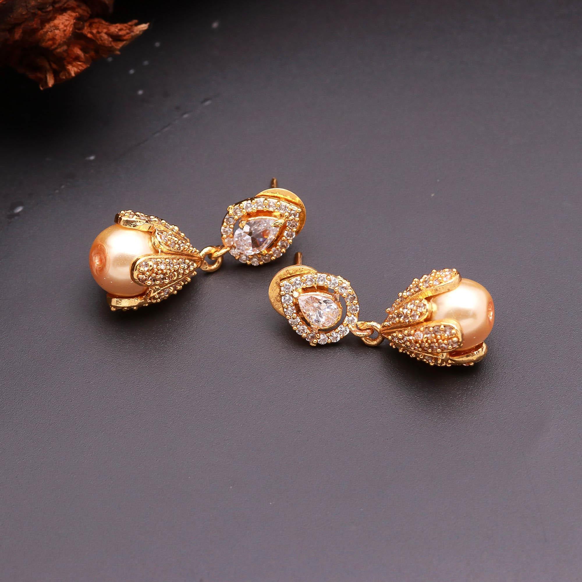 Gold Finish Floral Cap Pearl Drop Earrings