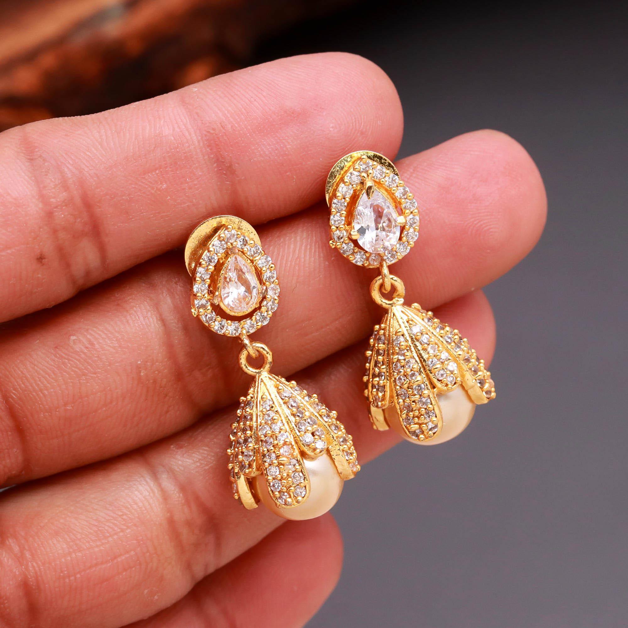 Gold Finish Floral Cap Pearl Drop Earrings