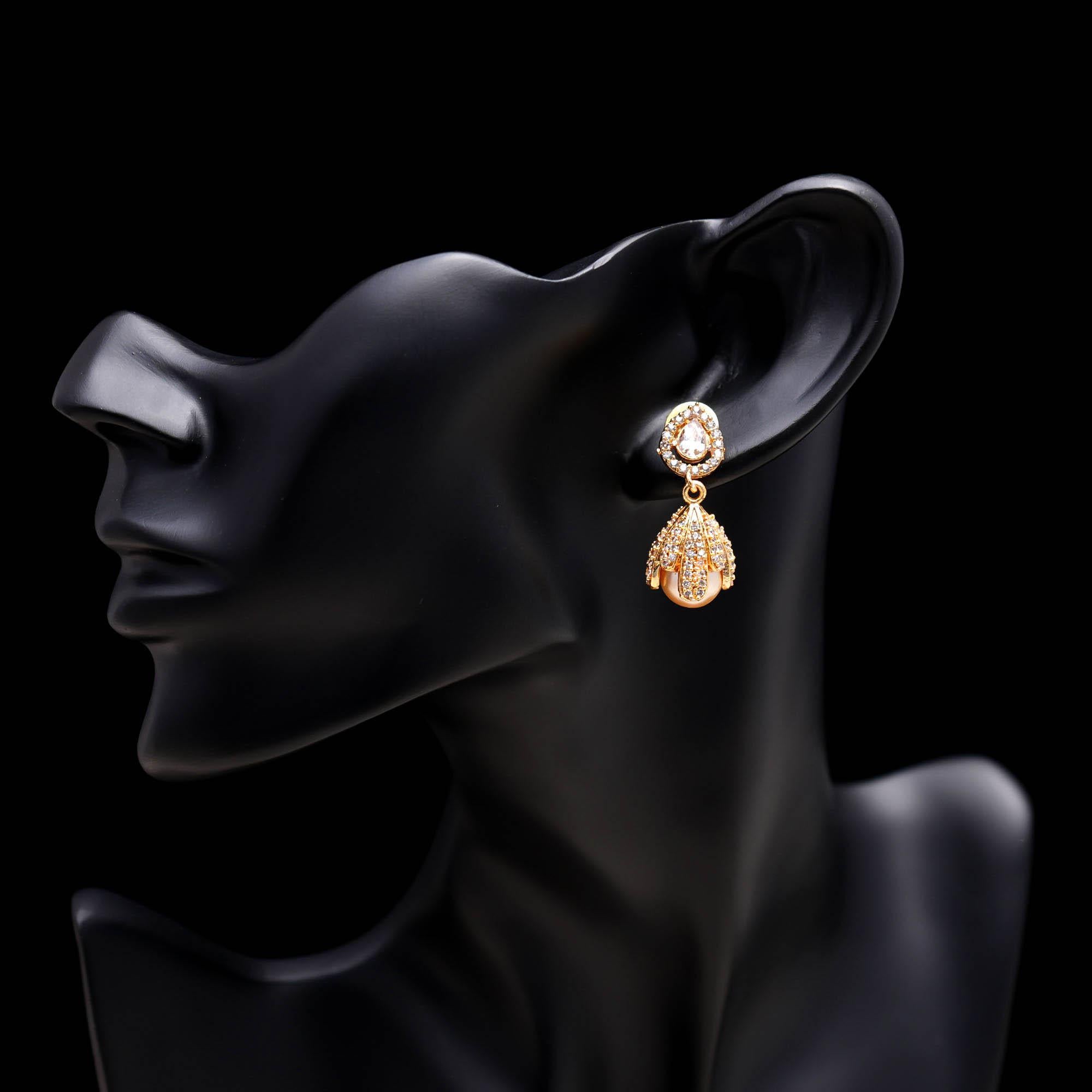 Gold Finish Floral Cap Pearl Drop Earrings