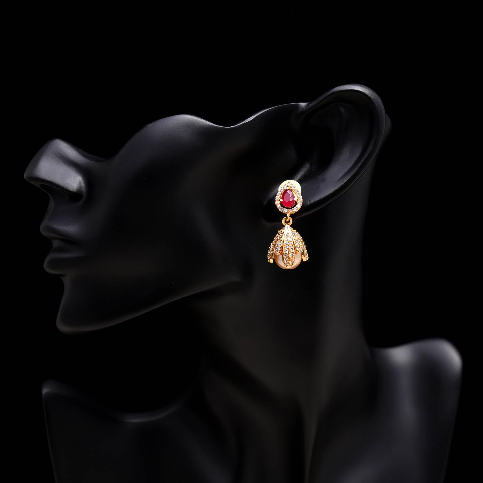 Gold Finish Floral Cap Pearl Drop Earrings