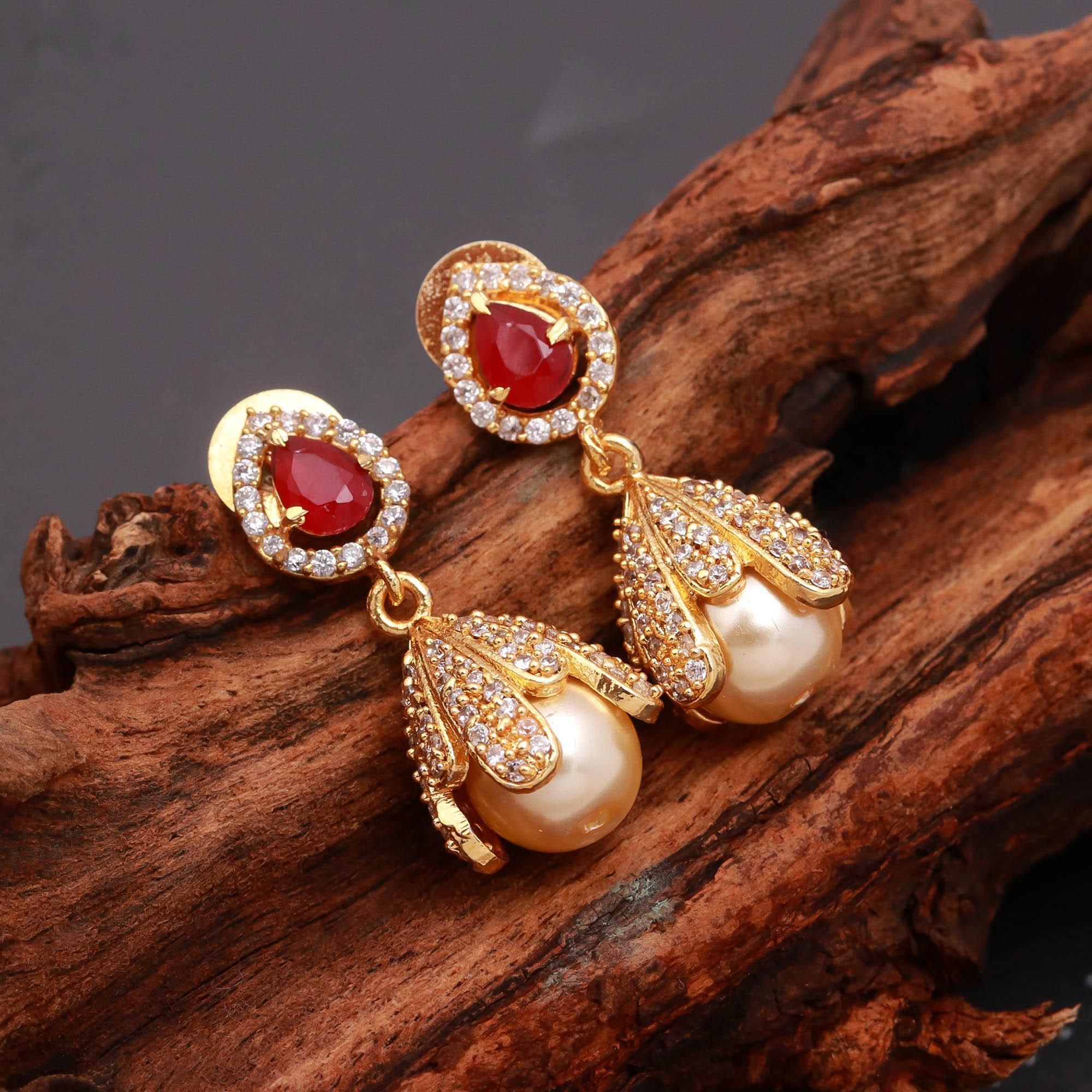 Gold Finish Floral Cap Pearl Drop Earrings