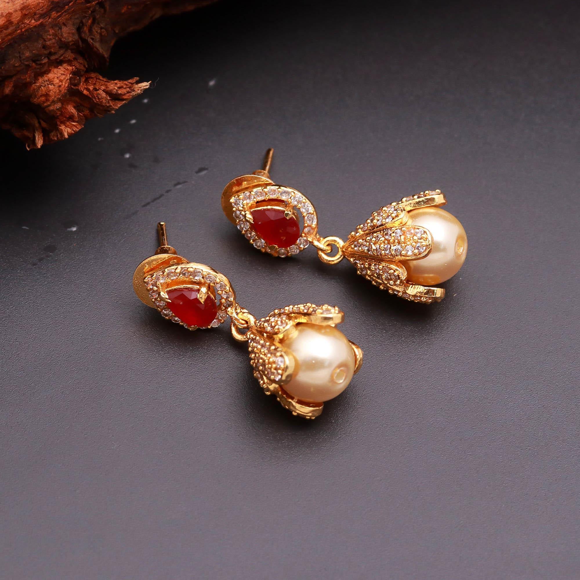 Gold Finish Floral Cap Pearl Drop Earrings