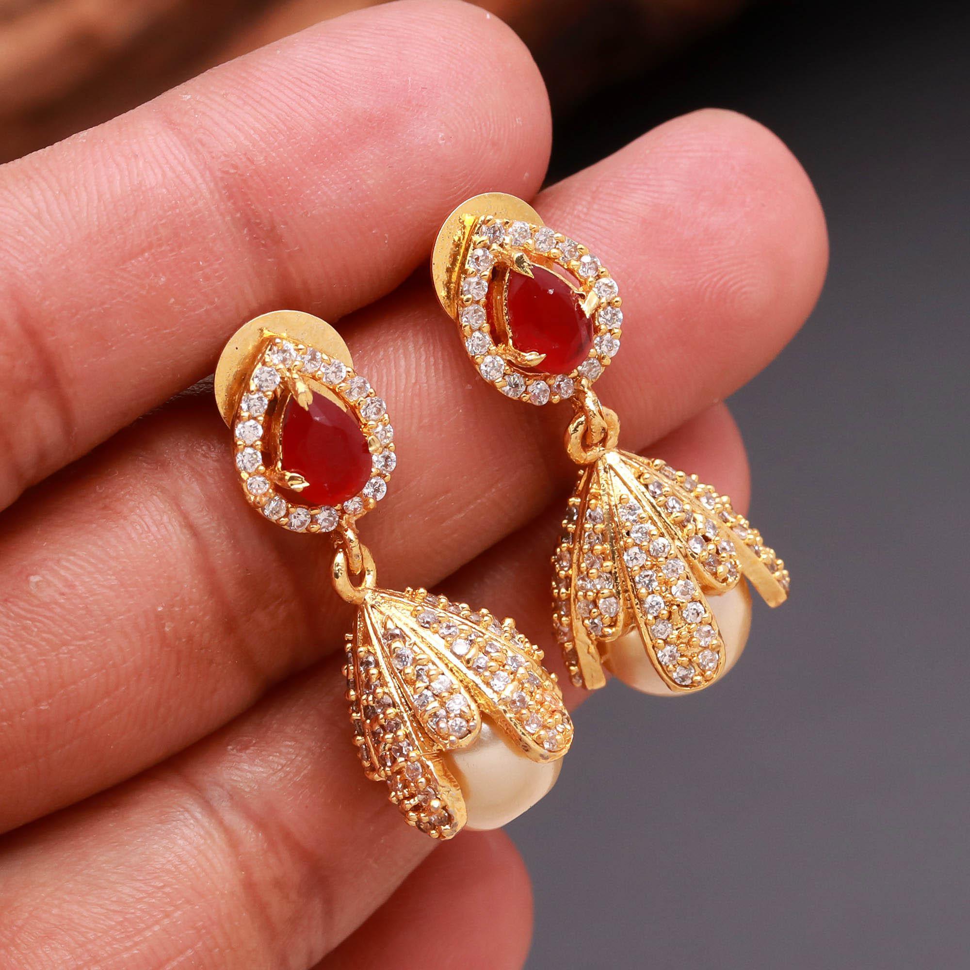 Gold Finish Floral Cap Pearl Drop Earrings