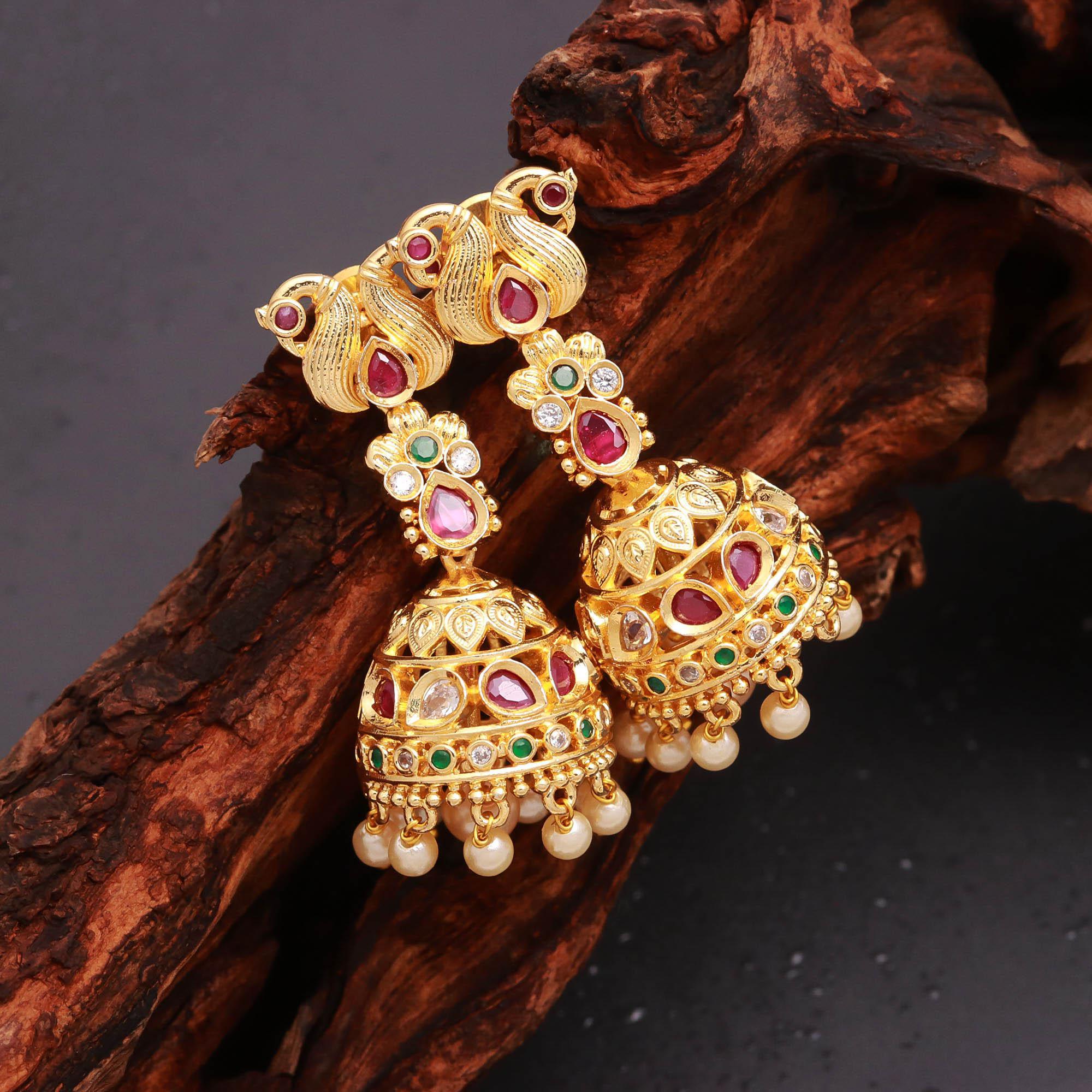 Gold Finish Peacock Motif Jhumki Earrings