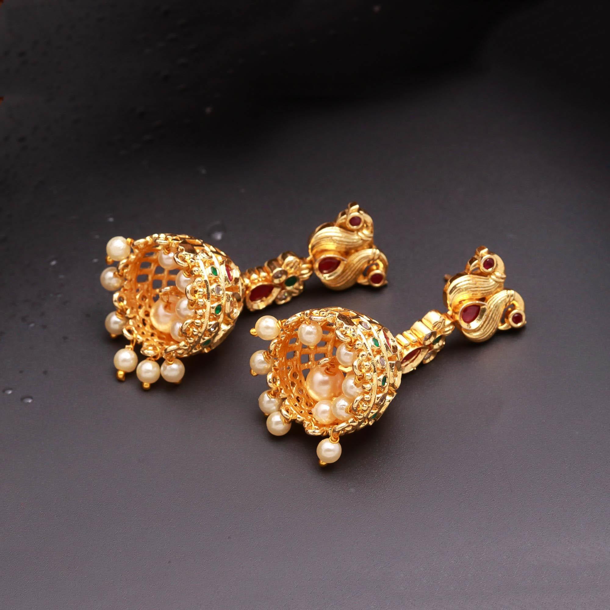Gold Finish Peacock Motif Jhumki Earrings