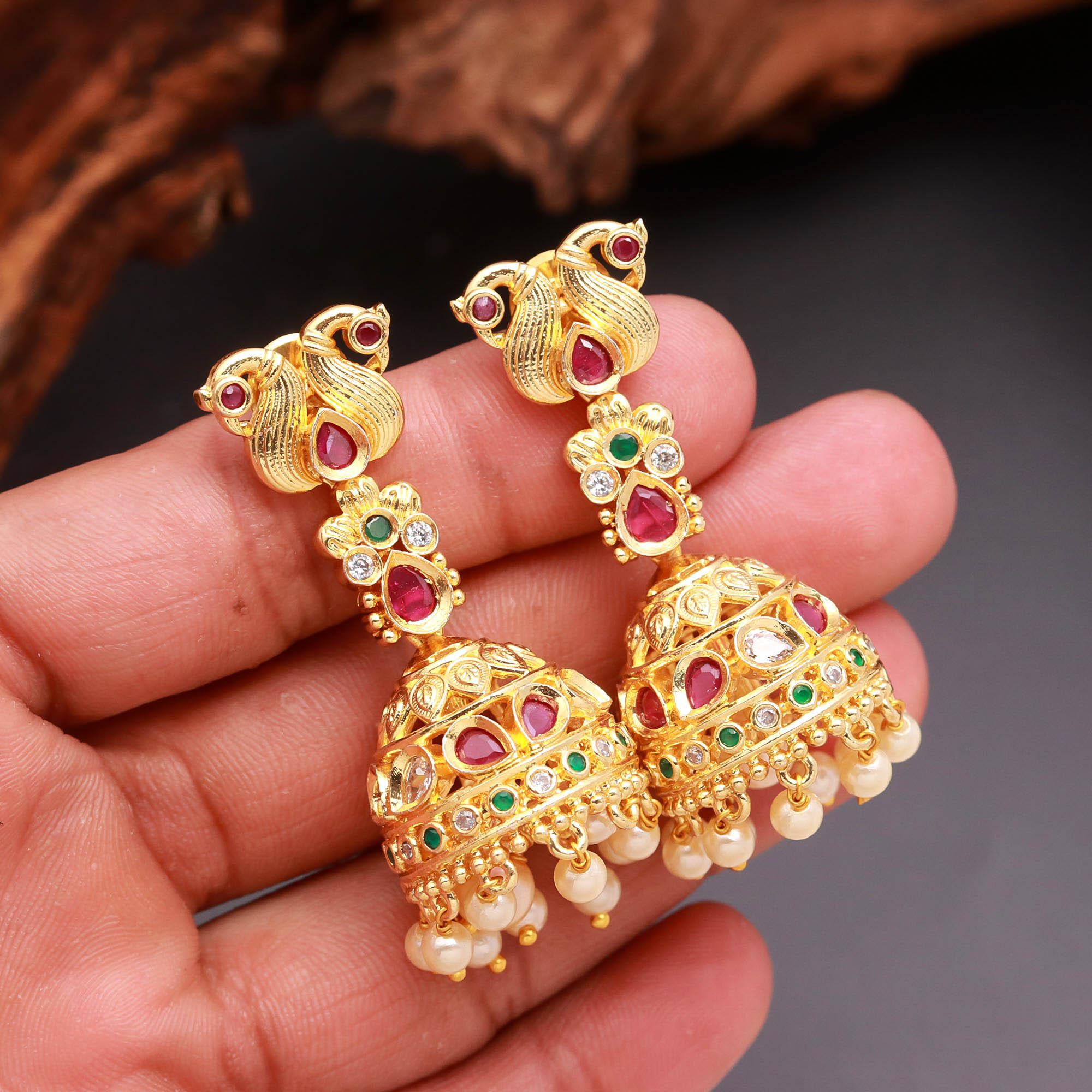 Gold Finish Peacock Motif Jhumki Earrings