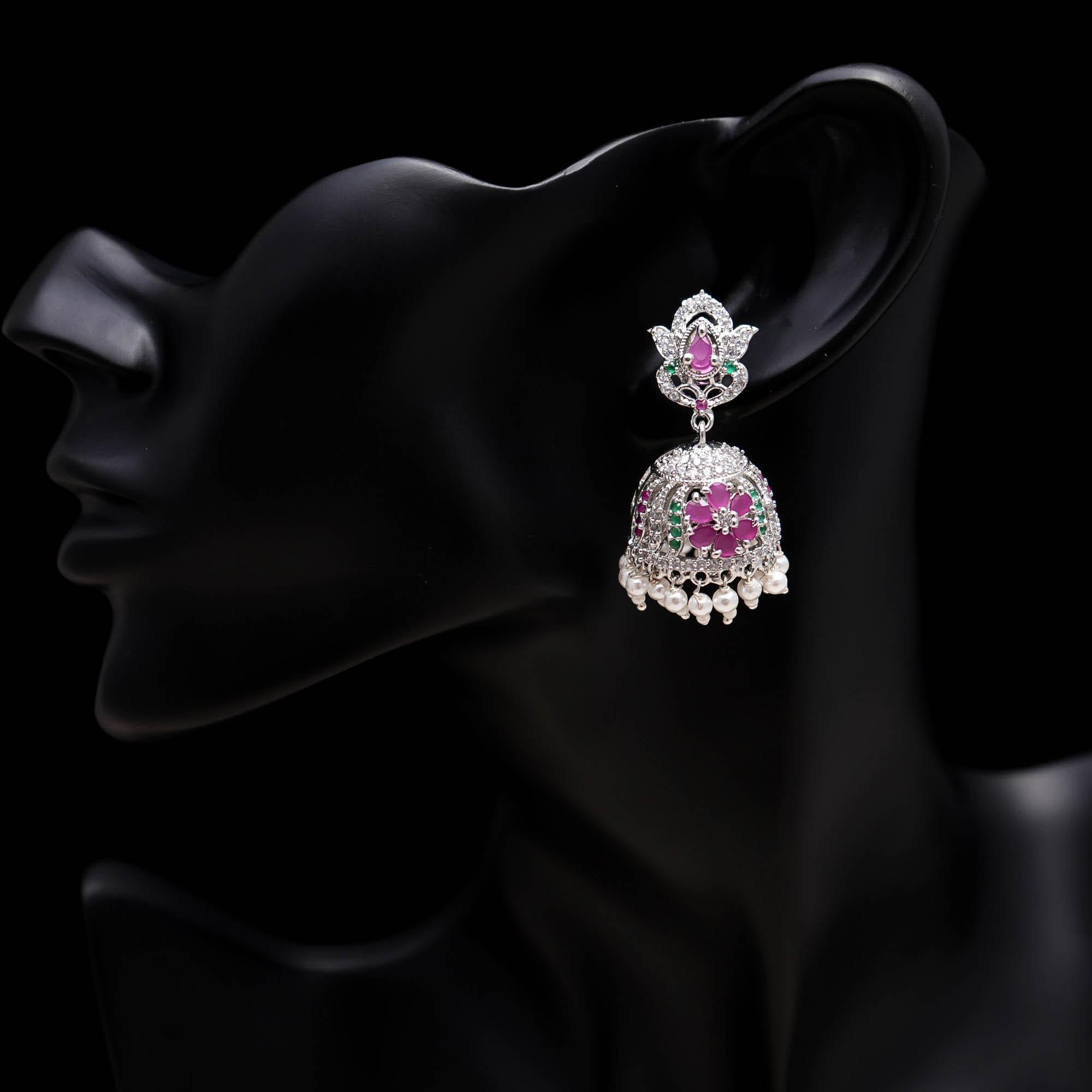 Silver Finish Floral Pearl Jhumki Earrings