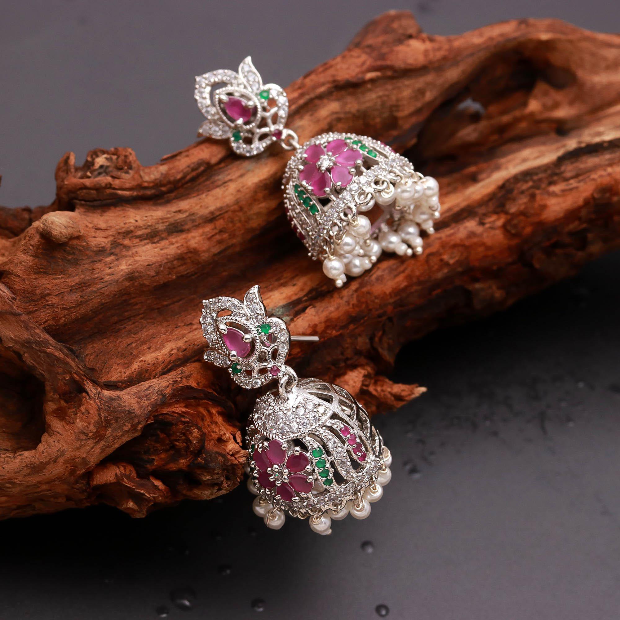 Silver Finish Floral Pearl Jhumki Earrings