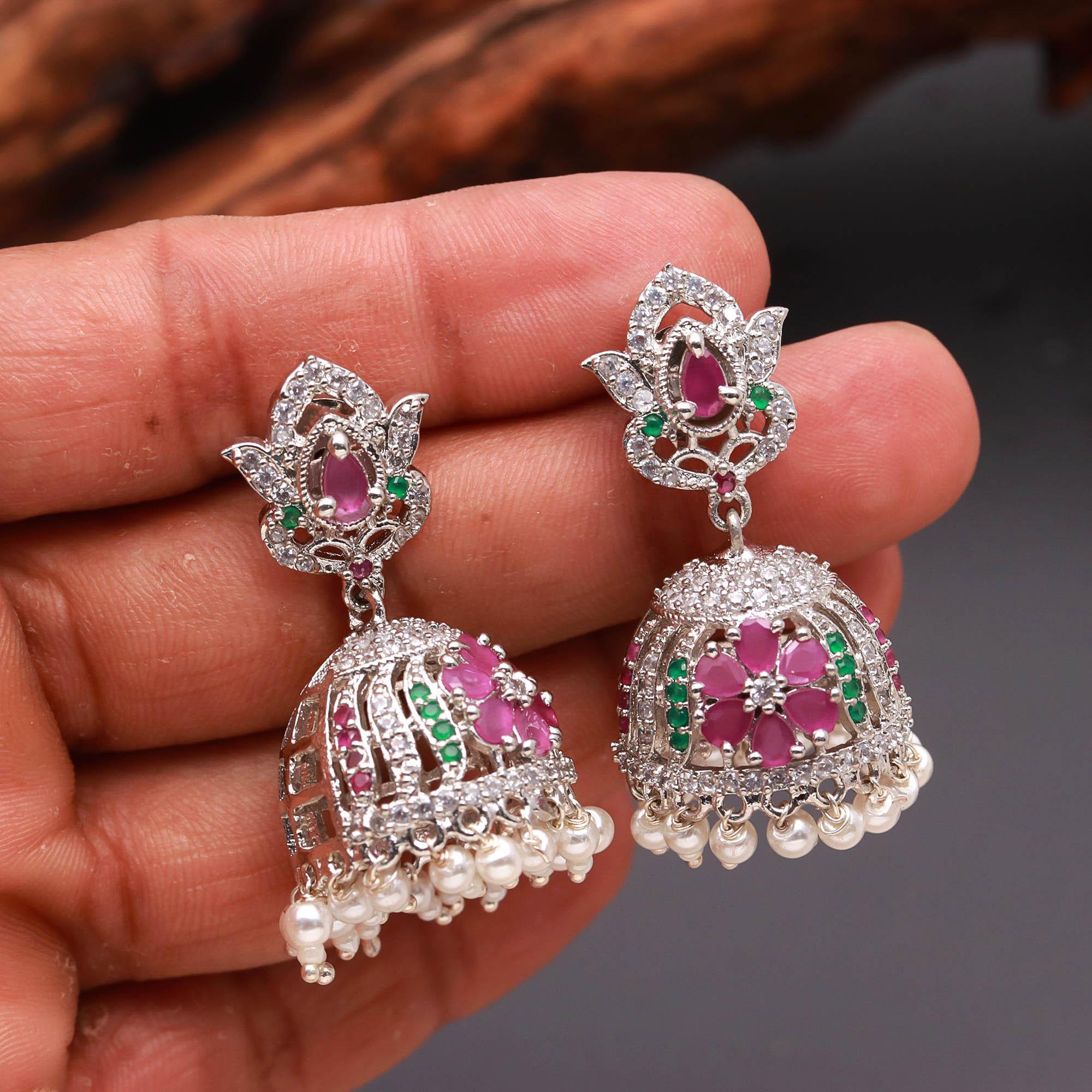 Silver Finish Floral Pearl Jhumki Earrings
