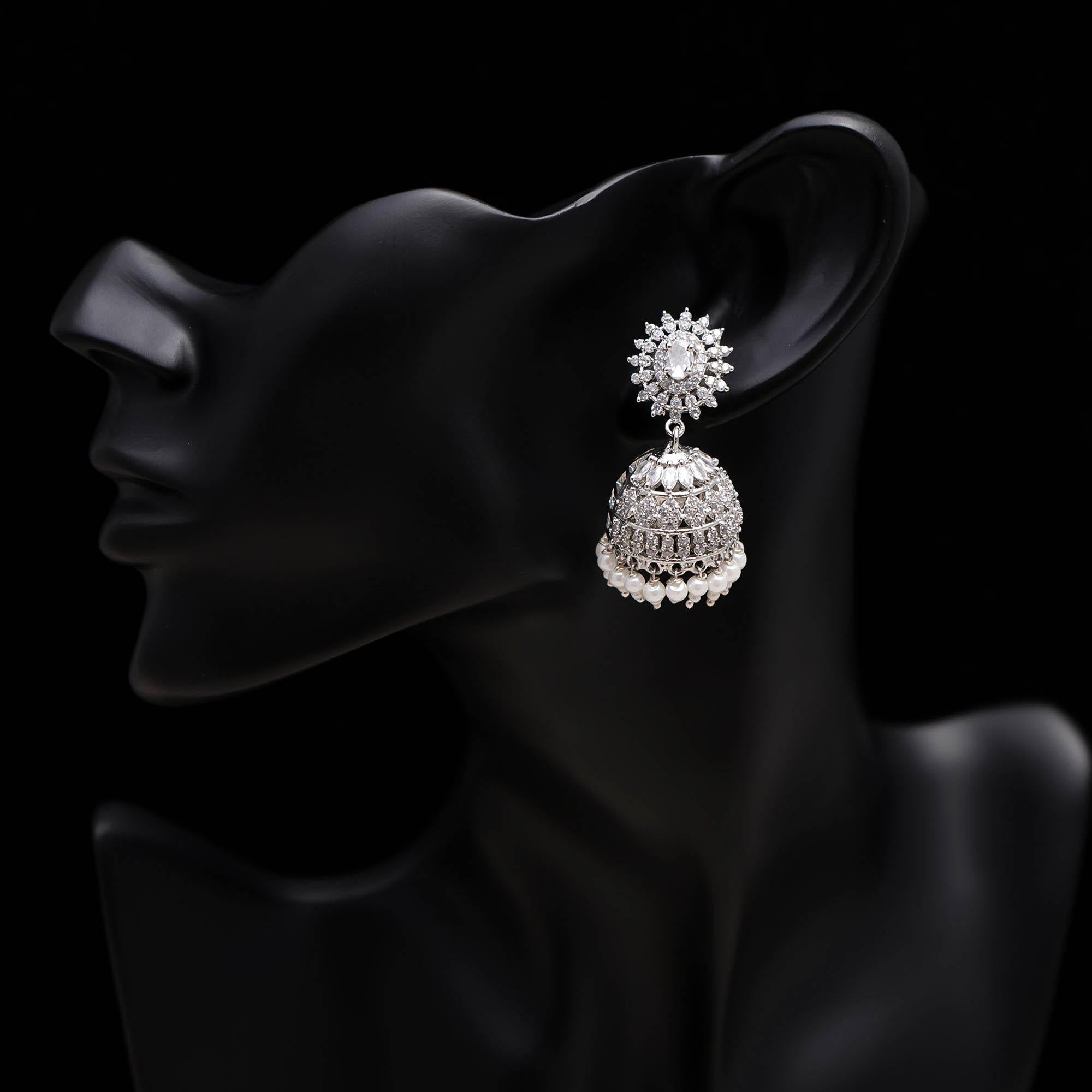 Silver Finish Floral Pearl Jhumki Earrings
