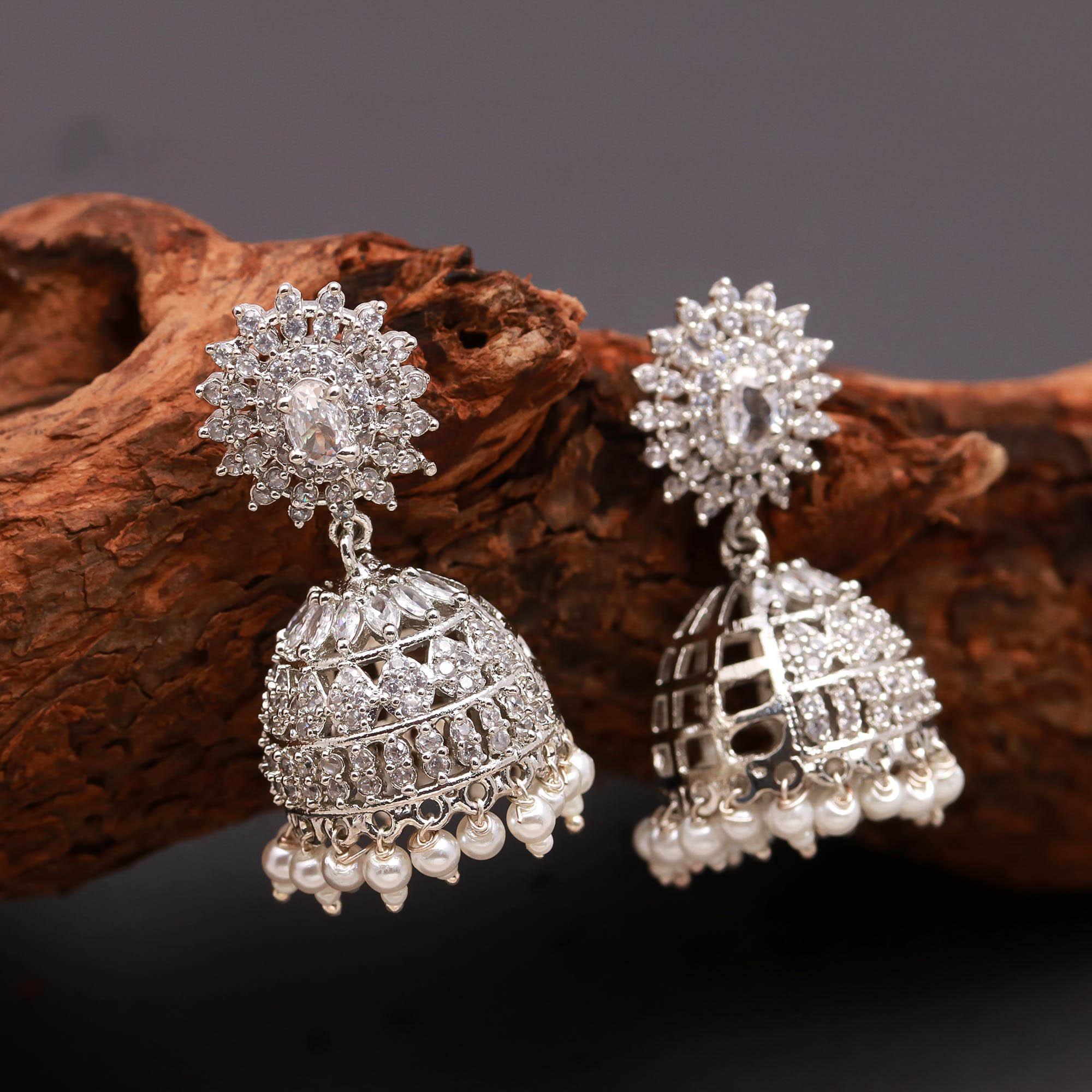 Silver Finish Floral Pearl Jhumki Earrings
