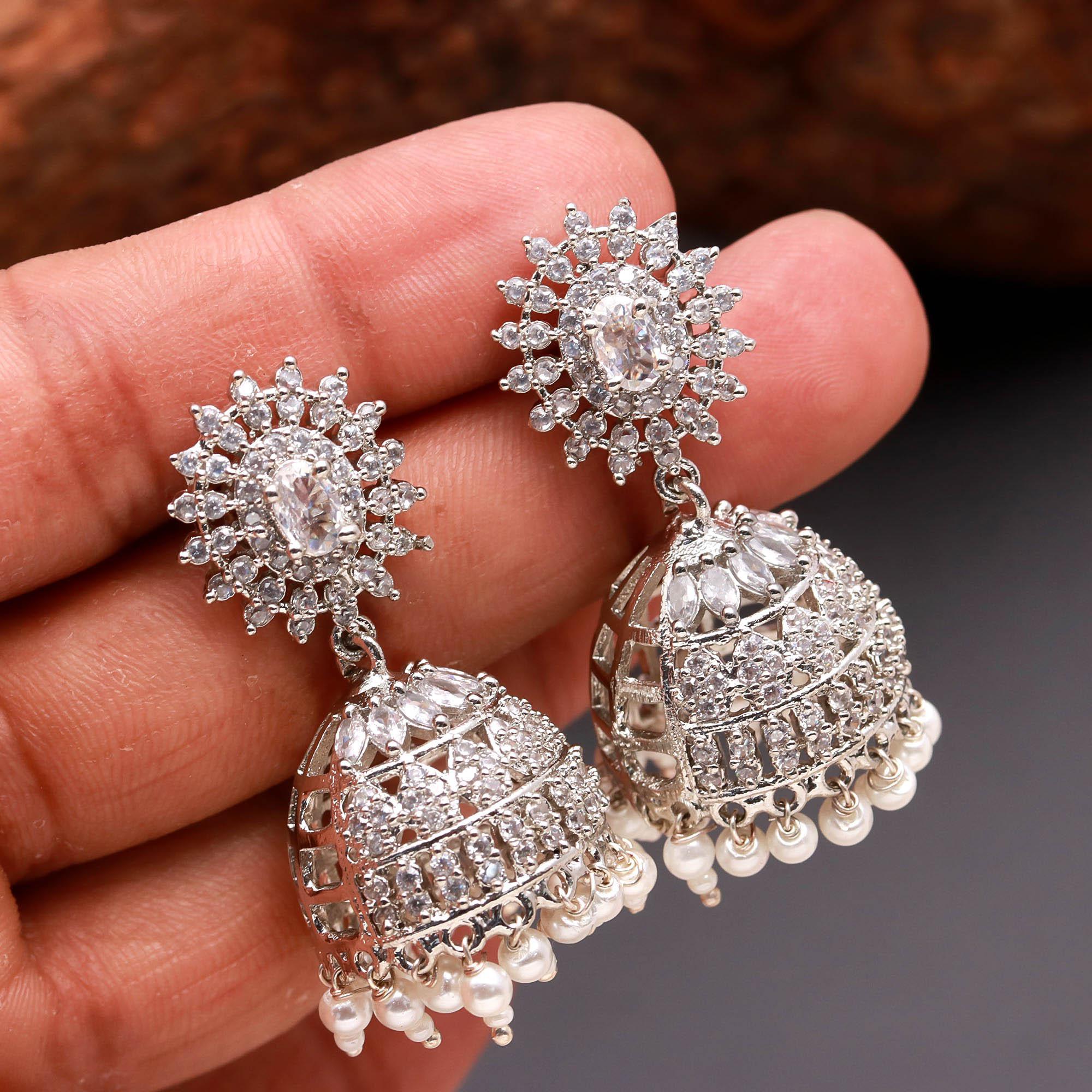Silver Finish Floral Pearl Jhumki Earrings