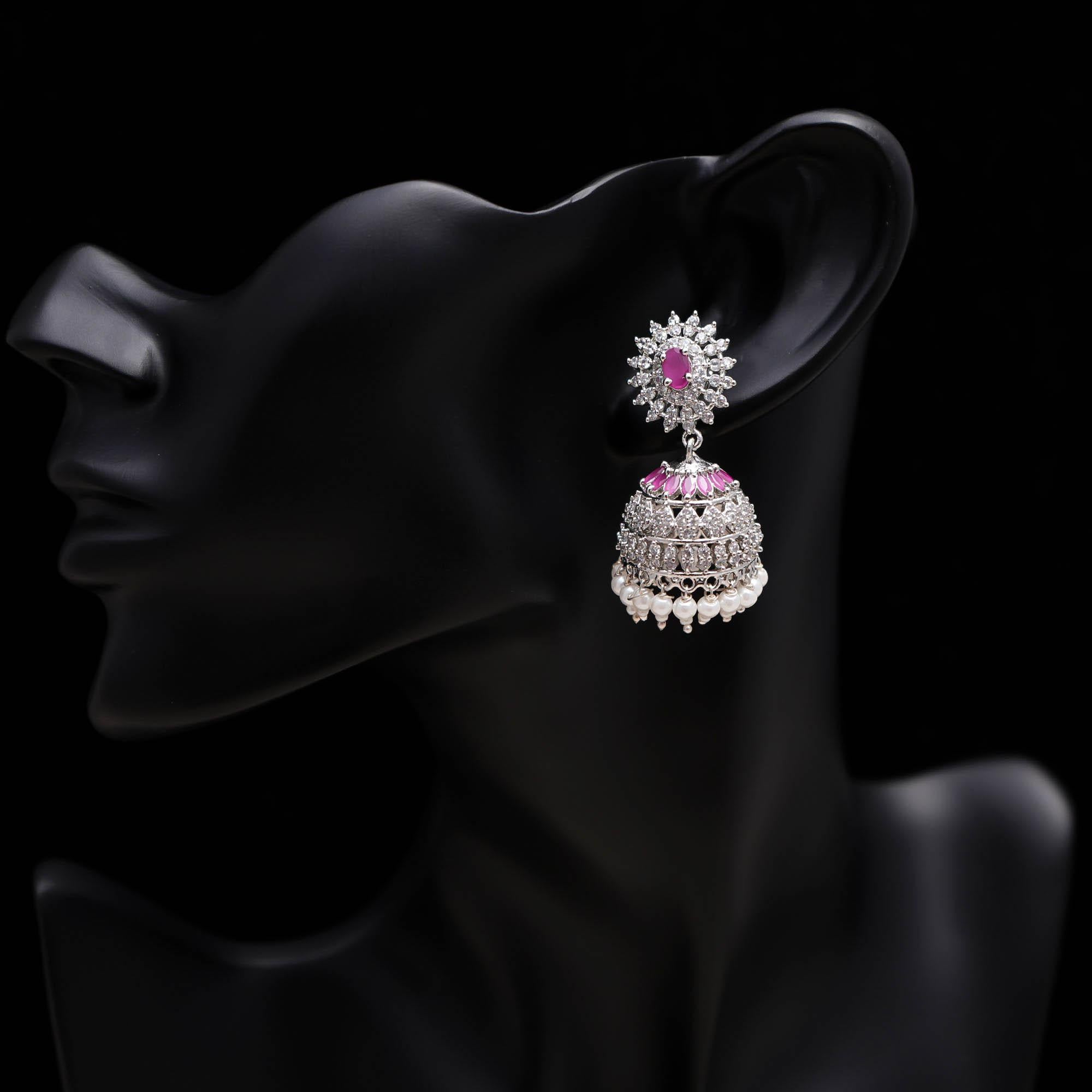 Silver Finish Floral Pearl Jhumki Earrings