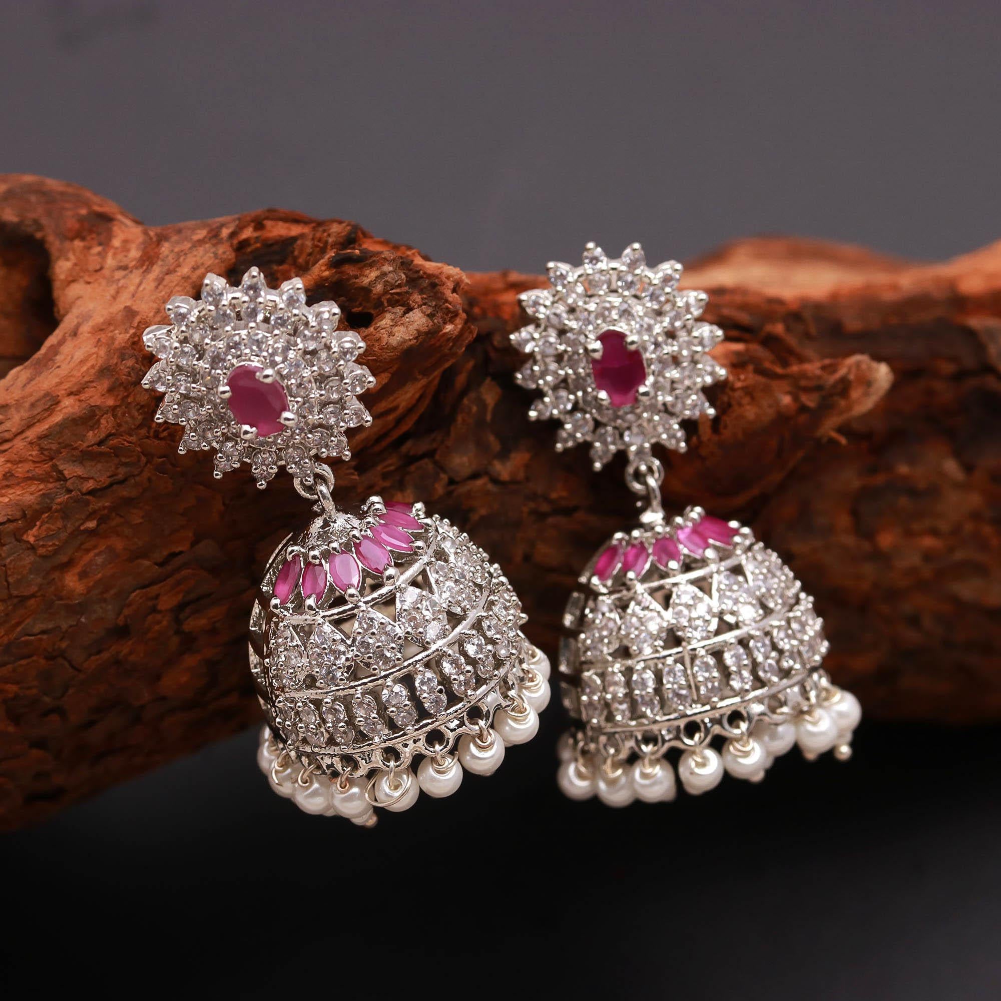 Silver Finish Floral Pearl Jhumki Earrings