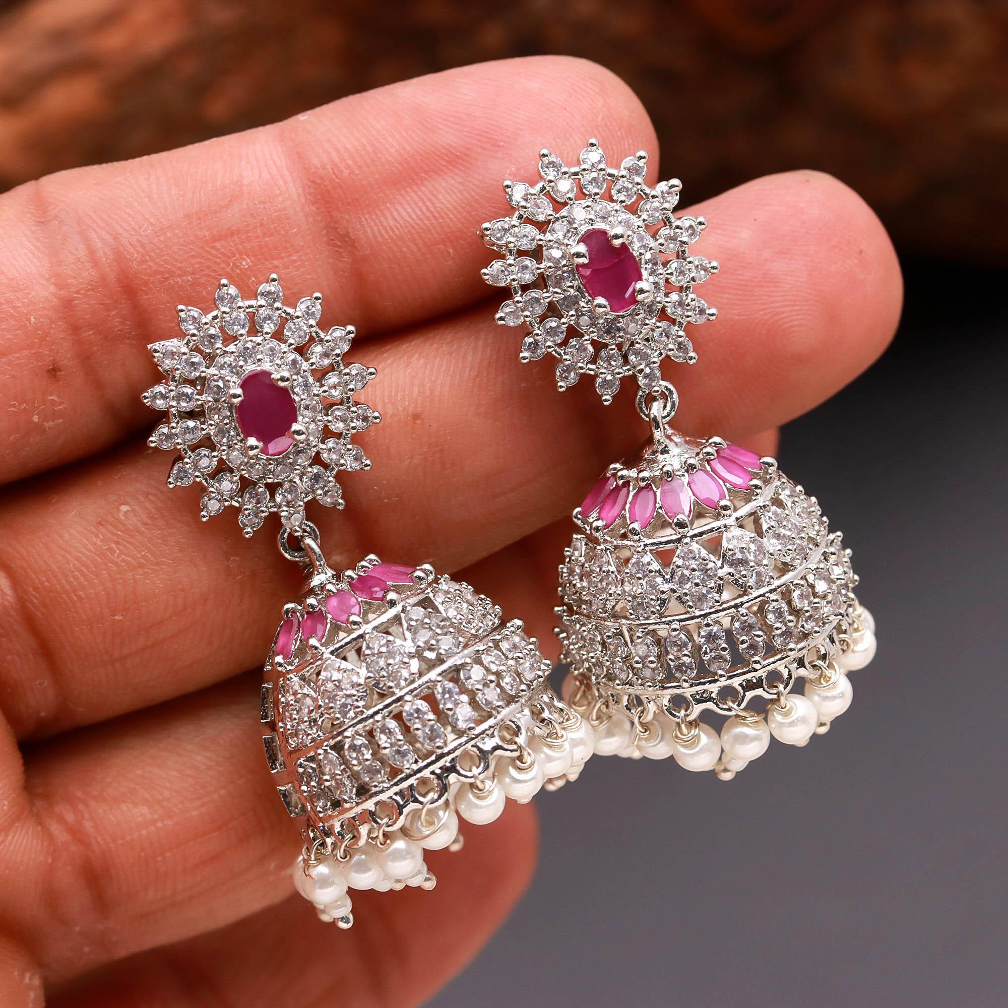 Silver Finish Floral Pearl Jhumki Earrings