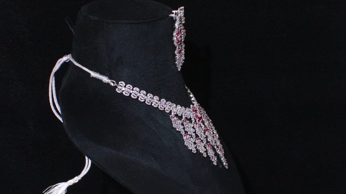 Silver Finish Floral Chandelier Necklace Set