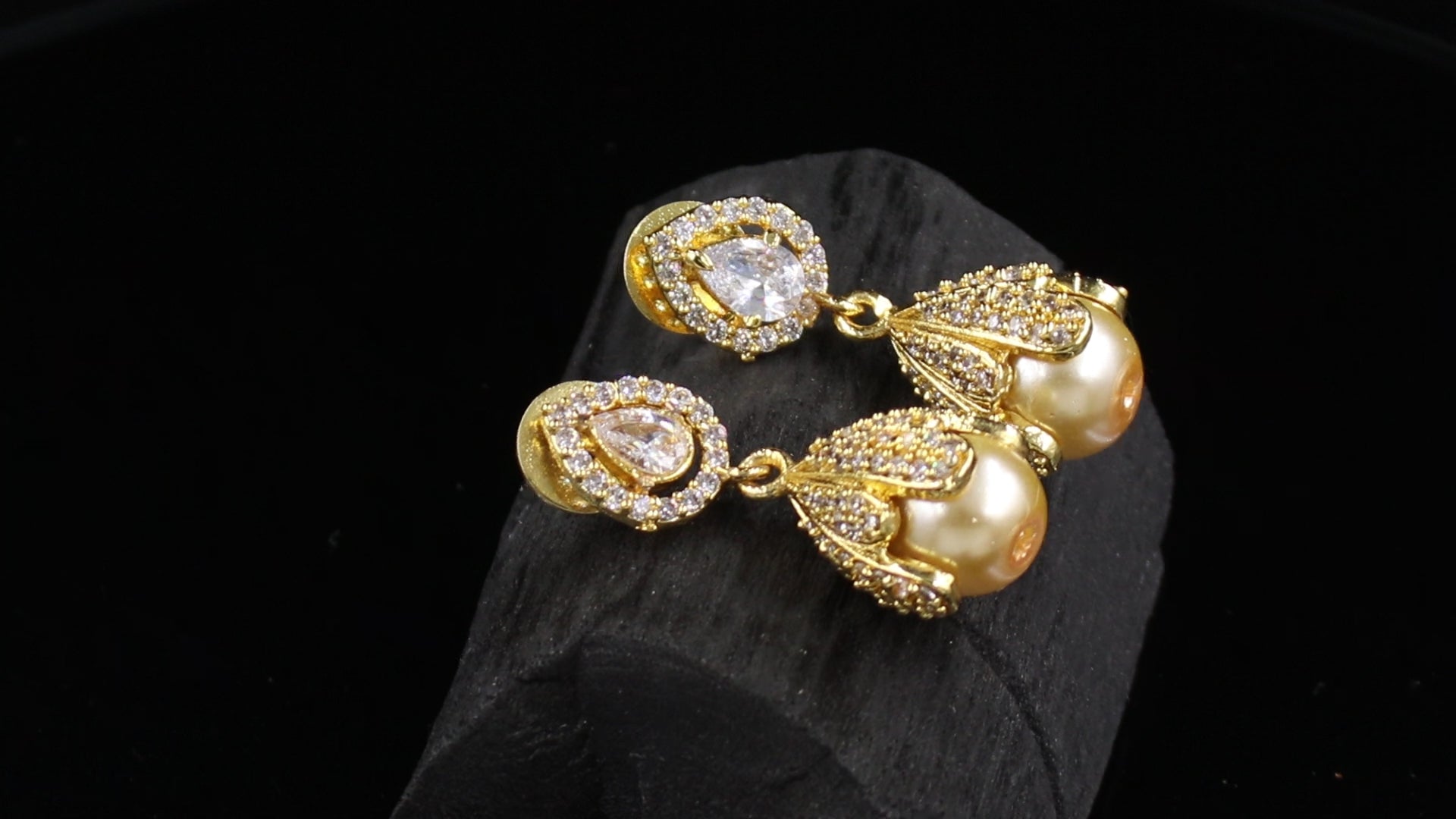 Gold Finish Floral Cap Pearl Drop Earrings