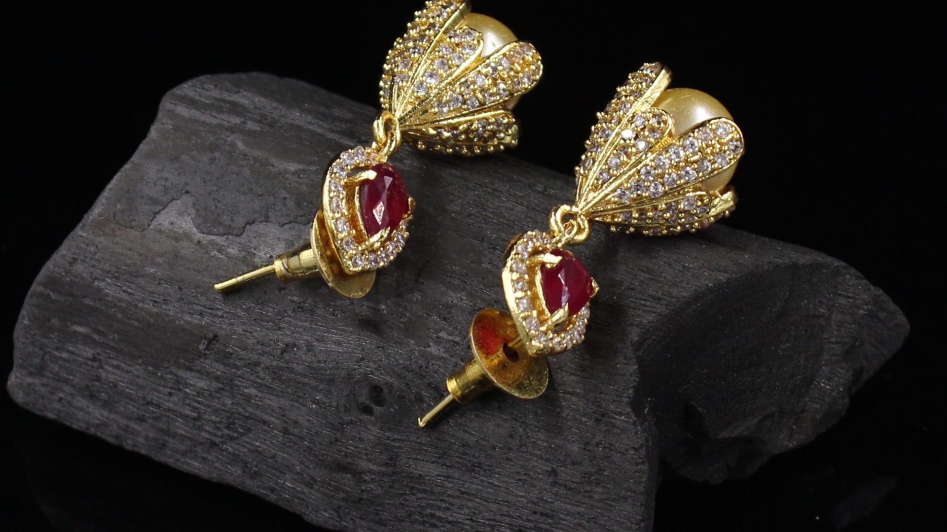 Gold Finish Floral Cap Pearl Drop Earrings